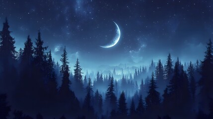 Naklejka premium A Crescent Moon Illuminates a Foggy Forest Under a Starry Sky.