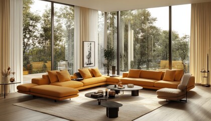 Fototapeta premium Spacious Living Room with Orange Sectional Sofa, Large Windows, and Modern Coffee Tables.