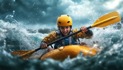 Fototapeta premium Thrilling Whitewater Rafting Adventure Kayaking Through Powerful Rapids with Determination and Skill Experience the Excitement of Conquering Fast-Moving Currents, Navigate Challenging Waterfalls, and