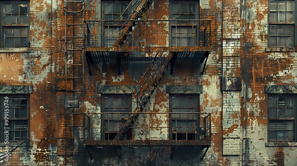 Sticker Weathered Brick Wall with Rusty Fire Escape