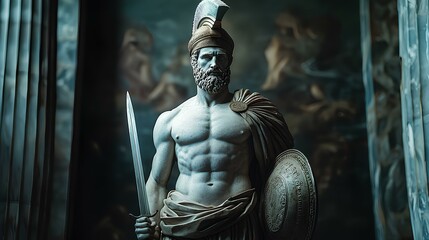 Ancient Greek statue of Greek god Ares, god of war and battle, depicted in classical sculpture. Marble statue of Ares wearing a helmet and armor, symbol of strength and conflict