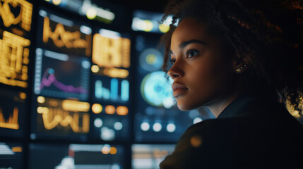 African American woman analysing cyber security, data research, ar. Big data, augmented, virtual reality, machine learning AI concept. Young scientist, data safety blue orange purple hologram.