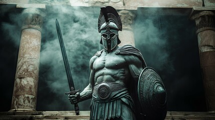 Ancient Greek statue of Spartan warrior, classical sculpture of Greek hoplite in armor and helmet. Spartan warrior with spear and shield, symbol of strength and bravery