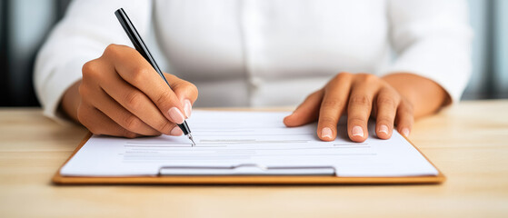 Close-up of a clipboard with a voter registration form being filled out, highlighting the importance of civic engagement before upcoming elections.