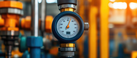 Close-up view of a digital gauge used for measuring product pressure in mechanical quality control during factory testing processes.