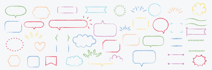 Colored crayon frame speech bubble, hand-drawn chalk pencil dialog balloon, line, cute doodle glitter pen line elements. Vector illustration.