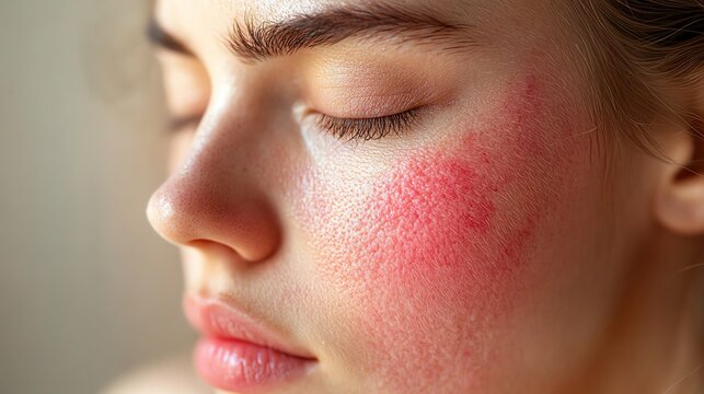 Close-up of a woman's face with red, irritated skin.