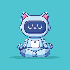 Cute Cat Robot Meditation Yoga Cartoon Vector Icon Illustration. Animal Technology Icon Concept Isolated Premium Vector. Flat Cartoon Style