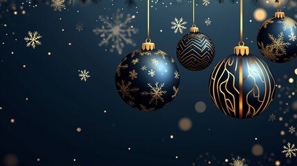 Merry christmas greeting vector design. Christmas balls hanging with gold, glitter, shiny and glossy elements in snowflakes pattern elegant background. generative ai