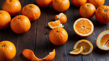 A collection of whole and sliced oranges on a rustic wooden surface, accompanied by fresh green leaves, showcasing their vibrant color, juicy texture, and natural freshness.