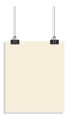 illustration of a sheet of paper or poster hanging on clips and rope without background