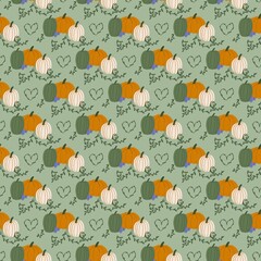 Seamless pumpkin pattern with leaves