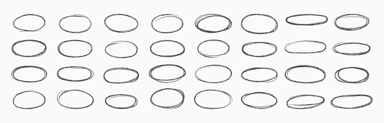 Hand-drawn round and square frame for text highlight. Pencil drawing circle borders. Vector illustration. Black line art.