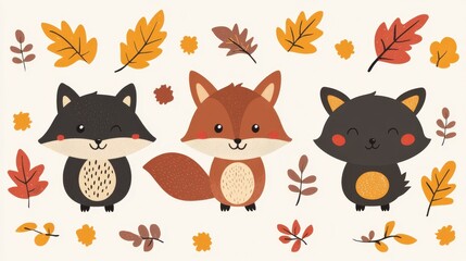 Obraz premium Cute Cartoon Animals in Autumn Forest with Fall Leaves Illustration