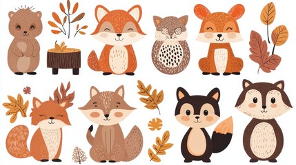 Fototapeta premium Cute Cartoon Forest Animals Set with Fall Leaves