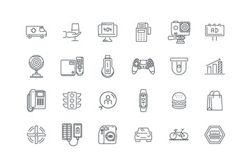 Accounting, Action Camera, Ad billboard, Ambulance, set of icons for web design, vector illustration