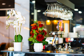 Cozy and modern coffee shop interior with wooden furniture, warm lighting, and large windows overlooking the street, creating an inviting atmosphere