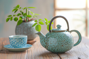 Green tea set on a wooden table with a white background, a close-up of a teapot and cup with a blue patterned surface.