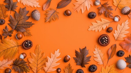 Autumn Leaves Frame with Acorns and Fall Decorations on Orange Background
