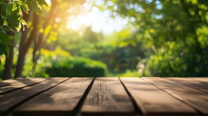 Fototapeta premium A serene outdoor scene with sunlight filtering through lush greenery over a wooden table.
