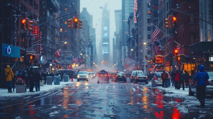 Obraz premium Snowy Day in the City - A View Down a Busy Street