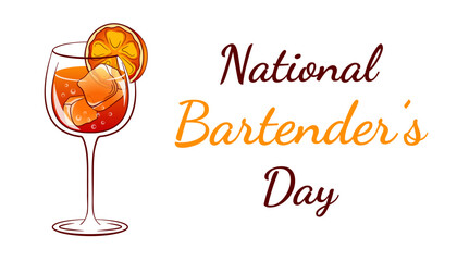 Banner for National Bartender Day with a glass of Aperol Spritz cocktail with ice and an orange slice. Design for promotion bartender events.