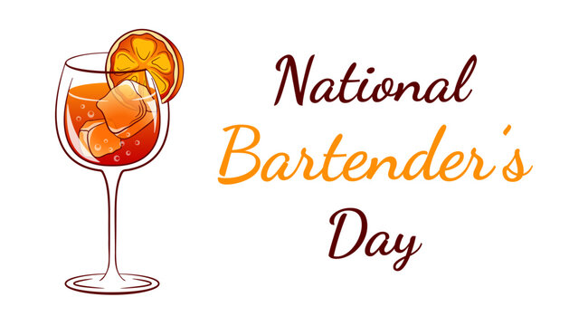 Banner for National Bartender Day with a glass of Aperol Spritz cocktail with ice and an orange slice. Design for promotion bartender events. - Powered by Adobe