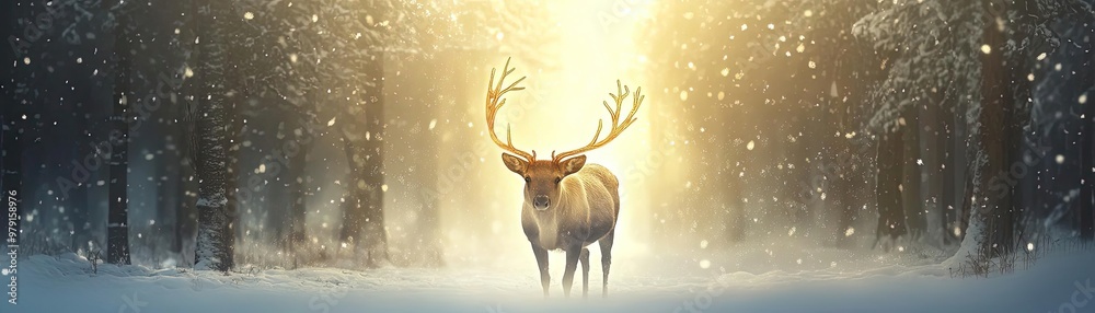 Poster a majestic deer stands in a snow-covered forest, illuminated by soft golden light, creating a serene