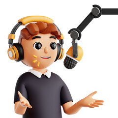 Podcast Host with Headphones and Microphone Setup