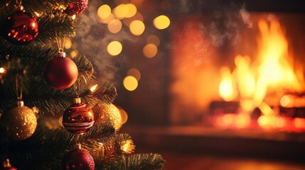 Cozy Christmas scene with a decorated tree and a warm fireplace, evoking festive joy and holiday spirit.