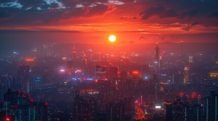 Obraz premium Cityscape at Sunset with a Red Sky and Hazy Atmosphere