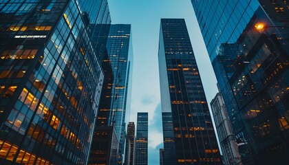 Fototapeta premium Skyscrapers in an Urban Setting with Illuminated Windows