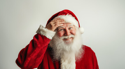 Naklejka premium Close-up portrait of a smiling Santa Claus holding his hand to his forehead, isolated on a white background with copy space, studio shot.