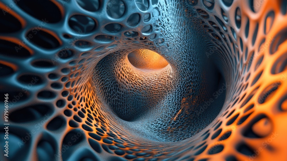 Poster a 3d image of a cavity with spiraling patterns, distorting the surrounding space in a mesmerizing, a