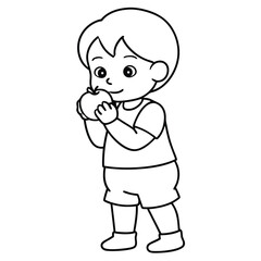 Adorable Baby Enjoying a Fruit – Vector Line Art Illustration