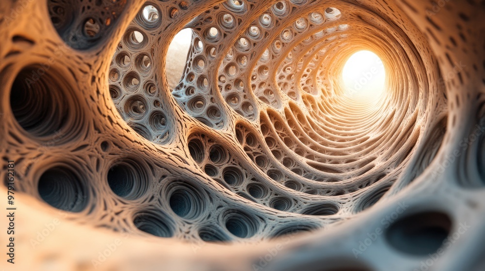 Poster a 3d image of a cavity with spiraling patterns, distorting the surrounding space in a mesmerizing, a