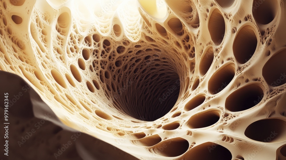 Poster a 3d image of a cavity with spiraling patterns, distorting the surrounding space in a mesmerizing, a
