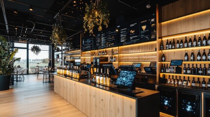 Modern Bar Interior Design with Wooden Accents and Wine Bottles