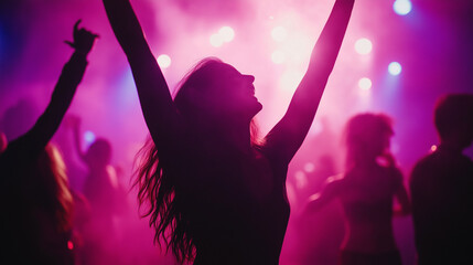 group of people dancing in night club , Crowd raising their hands	