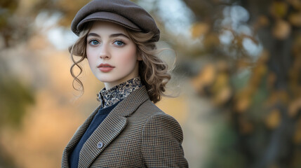 A charming young woman in vintage attire, including an elegant brown and grey checkered wool jacket with dark blue trousers underneath, paired with a matching patterned vest featur