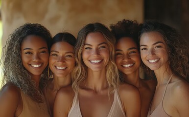 Fototapeta premium Group of smiling diverse women with natural beauty showcasing glowing skin outdoors in warm sunlight