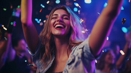 Fototapeta premium group of people dancing in night club , Crowd raising their hands 