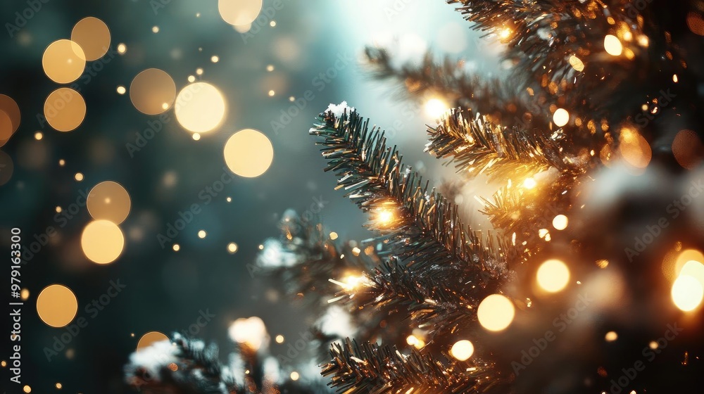 Poster Close-up view of a Christmas tree with sparkling lights and soft snowflakes, creating a festive and warm holiday atmosphere.