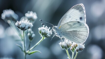 Soft Focus White Butterfly on Delicate White Wildflowers, Minimalist Nature Photography