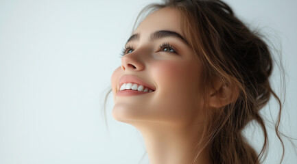 Fototapeta premium Portrait of a beautiful woman smiling with perfect teeth, looking up against a white background, in side view. Concept with copy space. 