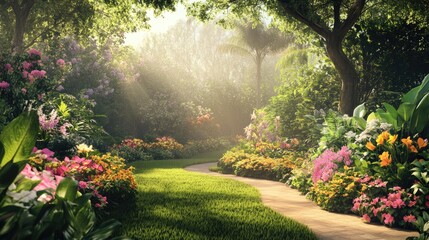Obraz premium A beautifully tranquil garden, filled with colorful flowers and greenery, offering a serene escape in nature.