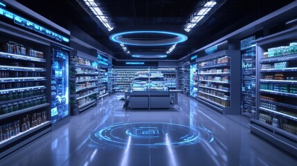 Futuristic Supermarket: Illuminated Aisles and Futuristic Decor