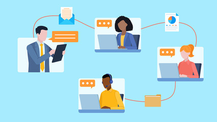 Fototapeta premium Illustration in flat design style. Employee tiles. Between them are icons of an open email, a document with a pie chart, and a folder with files. 