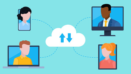 Illustration in flat design style. Employee video conference on different devices. 4 avatars of work colleagues. Two women and a court of men. Connection via a cloud server.