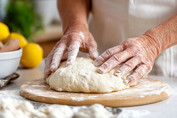 Fototapeta premium Bakers hands kneading dough on a floured surface
